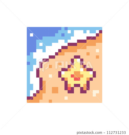 Pixel Art Starfish on a Beach Icon. Vector Y2K 8Bit Sticker of Shore and Sand Seaside. Cute Marine Life Summer Video Game Element for Graphic Design and Decor. 112731233