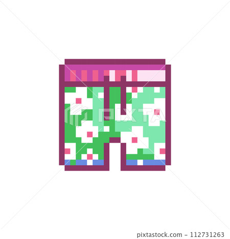 Pixel Art Swimming Shorts Icon. Vector Y2K 8Bit Sticker of Poolside Swimwear. Cute Floral Boardshorts Video Game Element for Summer Design. Pixel Art Swimming Shorts Icon. Vector Y2K 8Bit Sticker of Poolside Swimwear. Cute Floral Boardshorts Video Game Element for Summer Design. 112731263