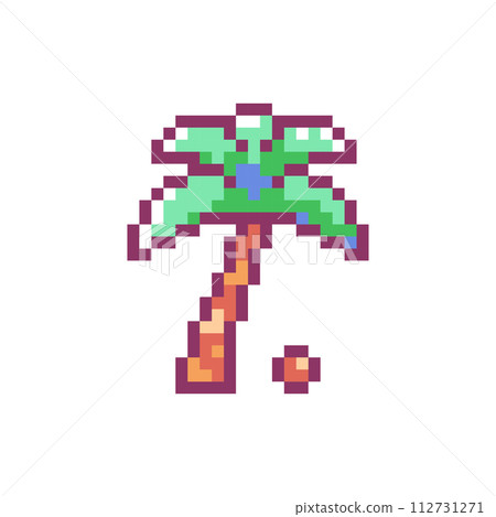 Pixel Art Palm Tree Icon. Vector Y2K 8Bit Sticker of Tropical Beach Flora. Cute Coastal Palmetto Video Game Element for Vacation Decoration. Pixel Art Palm Tree Icon. Vector Y2K 8Bit Sticker of Tropical Beach Flora. Cute Coastal Palmetto Video Game Element for Vacation Decoration. 112731271