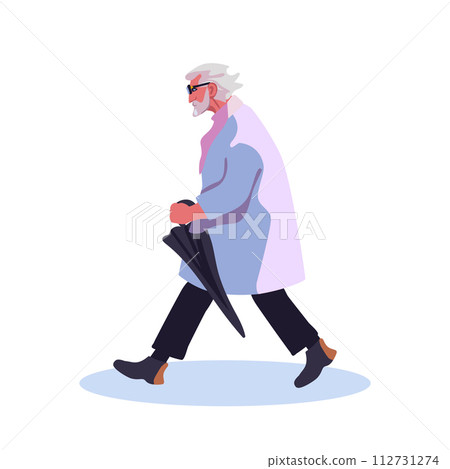 An old man in a raincoat with a black folded umbrella. Gray haired grandfather on a walk. Hand graw Isolated cartoon. Flat vector illustration An old man in a raincoat with a black folded umbrella. Gray haired grandfather on a walk. Hand graw Isolated cartoon. Flat vector illustration 112731274