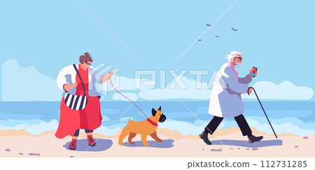 Old man and overweight woman in red with dog on the beach. Beach scene on sea vacation resort. Summer holidays. Sky with clouds and ocean coast. Maldives Relax, Rest and Recreation. Colorful vector 112731285