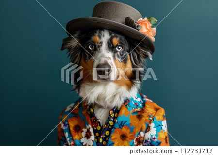 AI-generated content. Chic Dog with Hat and Floral Shirt Portrait AI-generated content. Chic Dog with Hat and Floral Shirt Portrait 112731712