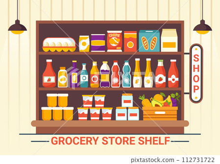 Grocery Store Shelf Vector Illustration with Foods Items and Products Assortiment on the Supermarket for Shopping Daily Needs in Flat Background Grocery Store Shelf Vector Illustration with Foods Items and Products Assortiment on the Supermarket for Shopping Daily Needs in Flat Background 112731722
