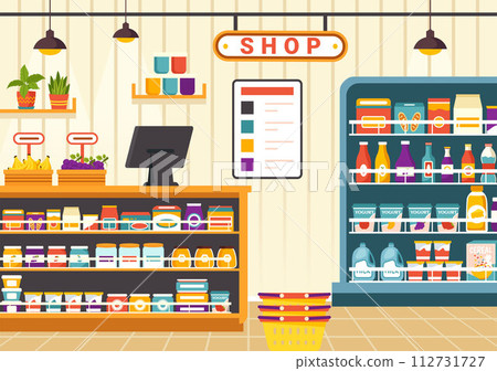 Grocery Store Shelf Vector Illustration with Foods Items and Products Assortiment on the Supermarket for Shopping Daily Needs in Flat Background 112731727