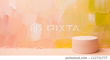 Abstract horizontal banner with salmon pink, yellow green and yellow paint background, floor and round platform. AI generated image 112731777