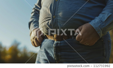 一個男人揉著肥肚子的飲食形象 112731992