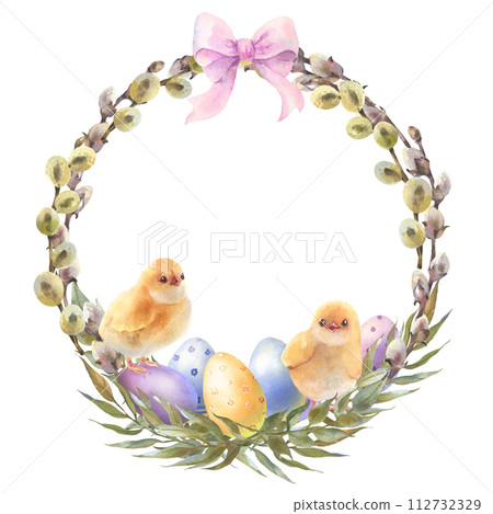 Happy Easter card, wreath with little chicks, color eggs, and spring twigs, Hand drawn watercolor illustration isolated on white background. 112732329