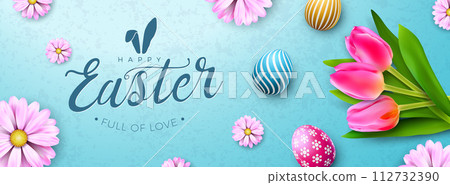 Happy Easter Holiday Design with Painted Egg and Spring Tulip Flower on Nature Blue Background. International Religious Vector Celebration Banner Illustration with Typography for Greeting Card or 112732390