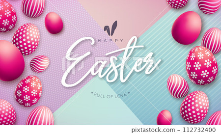 Happy Easter Holiday Design with Falling Colorful Painted Egg and Typography Lettering on Abstract Background. International Religious Vector Celebration Illustration with Typography for Greeting Card 112732400