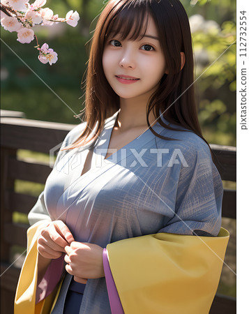 插畫材料：穿著和服的女人（20多歲，櫻花背景） 112732554