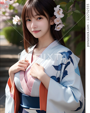 插畫材料：穿著和服的女人（20多歲，櫻花背景） 112732555