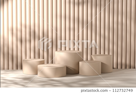 Modern podium for showcasing products. Display stands in varying heights offer stage for showcasing items. beige, ambient light casts delicate shadows, setting perfect for elegant products Modern podium for showcasing products. Display stands in varying heights offer stage for showcasing items. beige, ambient light casts delicate shadows, setting perfect for elegant products 112732749