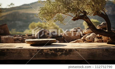 travertine stone and olive tree travertine stone and olive tree 112732790