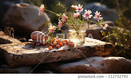 Easter decoration on the travertine Easter decoration on the travertine 112732793