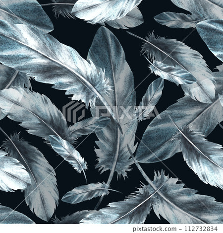 Watercolor seamless pattern with monochrome bird feathers grey black color with granulation of shades, ornaments. Quills wings drawing illustration. Wallpaper wrapping fabric. Isolated dark background Watercolor seamless pattern with monochrome bird feathers grey black color with granulation of shades, ornaments. Quills wings drawing illustration. Wallpaper wrapping fabric. Isolated dark background 112732834
