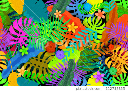 Tropical exotic Seamless pattern background. Colorful jungle leaves, flowers Tropical exotic Seamless pattern background. Colorful jungle leaves, flowers 112732835