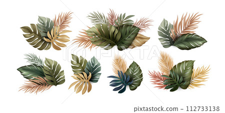 Modern Green and Gold Palm Leaves set on transparent background. Abstract tropic for banners. Bright tropical background with jungle plants exotic pattern. Modern Green and Gold Palm Leaves set on transparent background. Abstract tropic for banners. Bright tropical background with jungle plants exotic pattern. 112733138