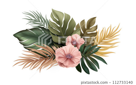 Modern Green and Gold Palm Leaves and Flowers on transparent background. Abstract tropic for banners. Bright tropical background with jungle plants exotic pattern 112733140