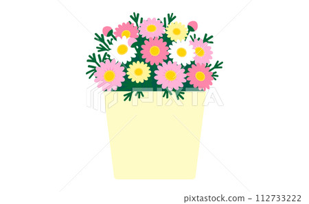 pink marguerites in a pale yellow basket pink marguerites in a pale yellow basket 112733222