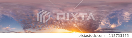 360 panorama of glowing sunset sky with bright pink Cumulus clouds. HDR 360 seamless spherical panorama. Full zenith or sky dome sky replacement for aerial drone panoramas. Climate and weather change. 112733353