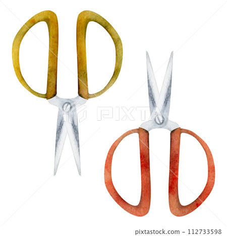 Hand drawn watercolor illustration sewing craft embroidery supplies tools. Fabric scissors shears thread cutting snips. Set of objects isolated on white background. Design atelier, tailor, hobby shop Hand drawn watercolor illustration sewing craft embroidery supplies tools. Fabric scissors shears thread cutting snips. Set of objects isolated on white background. Design atelier, tailor, hobby shop 112733598