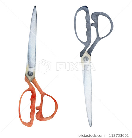 Hand drawn watercolor illustration sewing craft embroidery supplies tools. Fabric scissors shears thread cutting snips. Set of objects isolated on white background. Design atelier, tailor, hobby shop 112733601