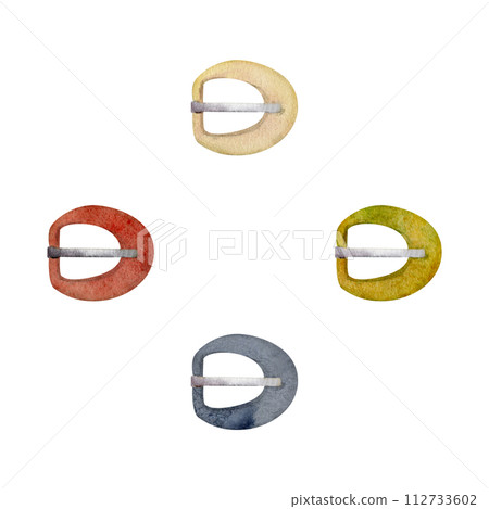 Hand drawn watercolor illustration sewing craft supplies. Clothing fasteners buckles clasps clips. Set of objects isolated on white background. Design atelier, tailor, hobby shop, fashion boutique 112733602