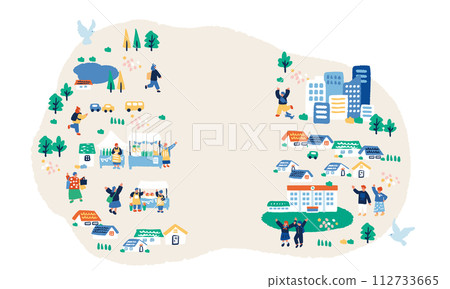 城市景觀和人物的簡單平面插圖 城市景觀和人物的簡單平面插圖 112733665