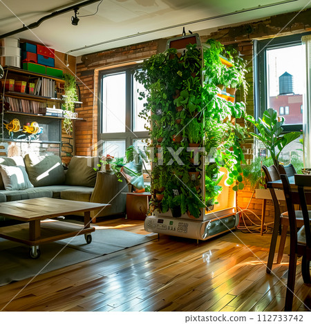 Living room filled with furniture and tall planter filled with plants. 112733742