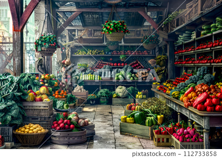 Painting of farmers market filled with lots of fresh fruits and vegetables. 112733858