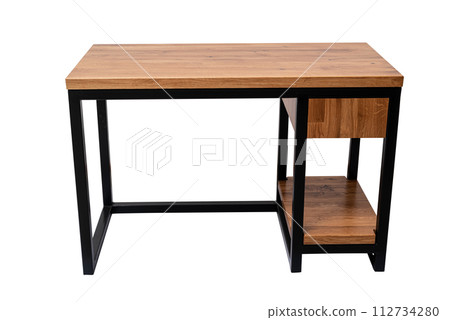Front view of empty modern computer desk made of wood and steel isolated on white. loft style 112734280