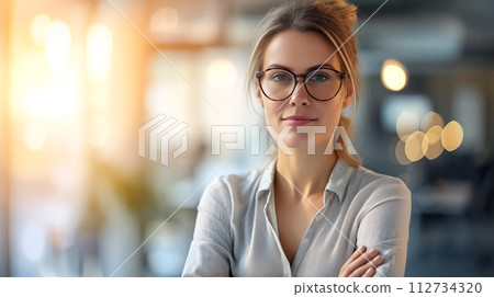 Confident working woman smiles, radiates joy and assurance at work, AI Generated Confident working woman smiles, radiates joy and assurance at work, AI Generated 112734320