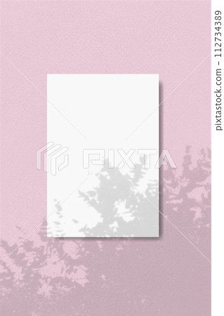An rectangle sheet of white textured paper on a pink wall background. Natural light casts shadows from a tropical plants. Vertical mockup 112734389