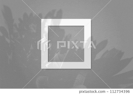 Natural light casts shadows from the leaves of a tree branch on square frame of white textured paper lying on a gray facture background. Mock up with an overlay of plant shadows Natural light casts shadows from the leaves of a tree branch on square frame of white textured paper lying on a gray facture background. Mock up with an overlay of plant shadows 112734396