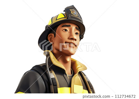 Confident Fireman Character with Helmet, Isolated Illustration Confident Fireman Character with Helmet, Isolated Illustration 112734672