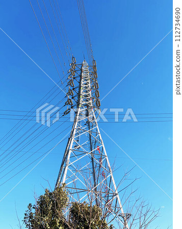 電源線、藍天和樹木 112734690