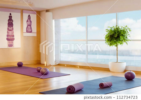 woman doing yoga pose in fitness studio woman doing yoga pose in fitness studio 112734723