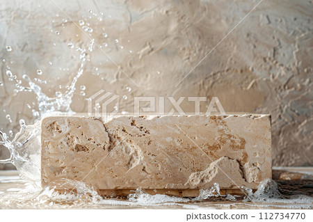 Beige stone podium with water splashes. Mockup for product, cosmetic presentation. Pedestal, platform for beauty products. Empty scene. Stage, display, showcase. Podium with copy space. Generative AI. 112734770