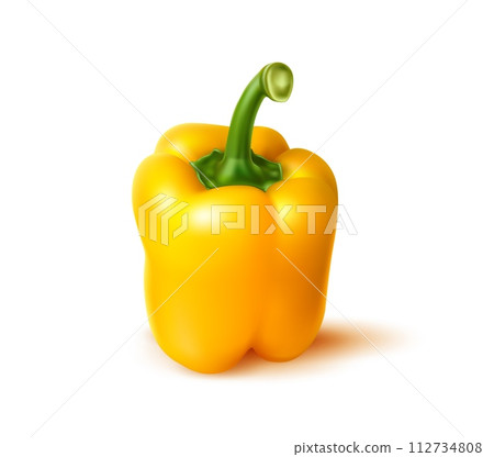 Realistic ripe yellow bell pepper, whole vegetable or veggie farm food, isolated vector. Fresh ripe yellow bell pepper, realistic object in macro closeup or 3D for organic food and natural cuisine 112734808