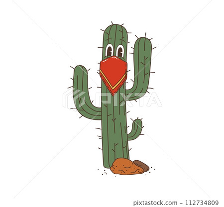 Wild west western groovy cactus character. Isolated vector cartoon, spiky cactus cowboy or bandit personage. Funny succulent rancher with big eyes, wearing a bandana, ready for wild west adventures 112734809