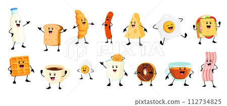 Cartoon cheerful breakfast characters. Vector set of milk bottle and glass, toast, croissant, sausage or cheese. Fried and boiled eggs, coffee or tea cup, donut, wafers and bacon isolated personages Cartoon cheerful breakfast characters. Vector set of milk bottle and glass, toast, croissant, sausage or cheese. Fried and boiled eggs, coffee or tea cup, donut, wafers and bacon isolated personages 112734825