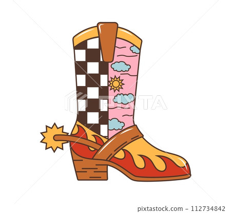 Cowboy boot Wild west western groovy item. Isolated vector footwear, feature high, angled heel, pointed toe, spur and ornate designs, embodying rugged durability and American ranch frontier spirit Cowboy boot Wild west western groovy item. Isolated vector footwear, feature high, angled heel, pointed toe, spur and ornate designs, embodying rugged durability and American ranch frontier spirit 112734842