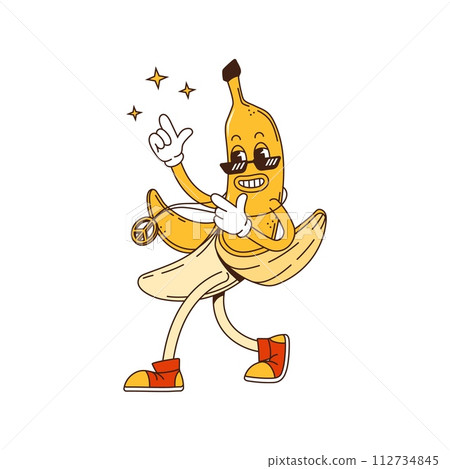 Groovy retro banana cute cartoon character. Retro funny tropical fruit sticker, 60s happy character or groovy cheerful isolated vector personage. Vintage cute banana mascot wearing sunglasses 112734845