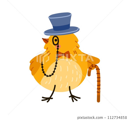 Cute gentleman chick, adorned in a top hat, bow tie, monocle and wielding a walking cane, exudes a delightful and dapper charisma. Isolated vector charming little peeper bird, baby chuck personage Cute gentleman chick, adorned in a top hat, bow tie, monocle and wielding a walking cane, exudes a delightful and dapper charisma. Isolated vector charming little peeper bird, baby chuck personage 112734858