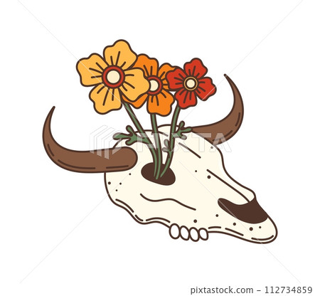 Wild west western cow skull groovy item. Isolated vector dead bull skeleton head with flowers growing through its eye socket. Animal horned cranium with blooms embodying rugged spirit of the frontier Wild west western cow skull groovy item. Isolated vector dead bull skeleton head with flowers growing through its eye socket. Animal horned cranium with blooms embodying rugged spirit of the frontier 112734859