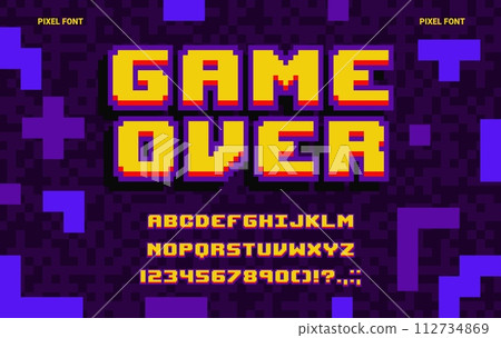 8-bit game pixel font, geometric type, abstract computer typeface, english alphabet. Retro game console font typeset, English ABC vector pixelated letters and digits or alphabet 8bit mosaic symbols 112734869