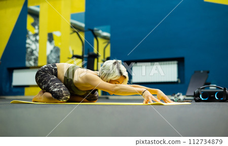 a slender athletic woman in the gym is beautifully engaged in yoga exercises on a mat a slender athletic woman in the gym is beautifully engaged in yoga exercises on a mat 112734879