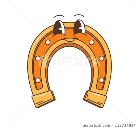 Wild west western groovy horseshoe character radiates retro charm. Isolated vector lucky golden horse shoe personage smile, embody a playful, free-spirited energy. Psychedelic whimsical horseshoe 112734884