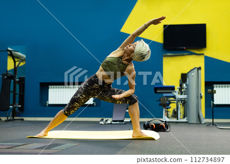 a slender athletic woman in the gym is beautifully engaged in yoga exercises on a mat a slender athletic woman in the gym is beautifully engaged in yoga exercises on a mat 112734897