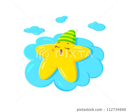 Cartoon kawaii star character sleeping on the cloud. Cute and happy twinkle personage peacefully slumbers in a nightcap. Isolated vector sleeping celestial toon, surrounded by a tranquil bedtime aura Cartoon kawaii star character sleeping on the cloud. Cute and happy twinkle personage peacefully slumbers in a nightcap. Isolated vector sleeping celestial toon, surrounded by a tranquil bedtime aura 112734898